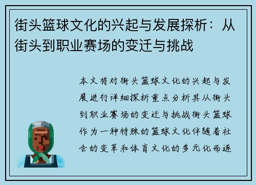 街头篮球文化的兴起与发展探析：从街头到职业赛场的变迁与挑战