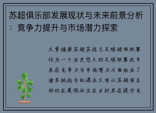 苏超俱乐部发展现状与未来前景分析：竞争力提升与市场潜力探索
