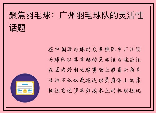 聚焦羽毛球：广州羽毛球队的灵活性话题