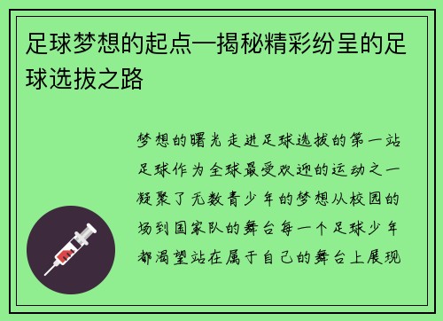 足球梦想的起点—揭秘精彩纷呈的足球选拔之路