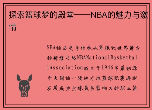 探索篮球梦的殿堂——NBA的魅力与激情