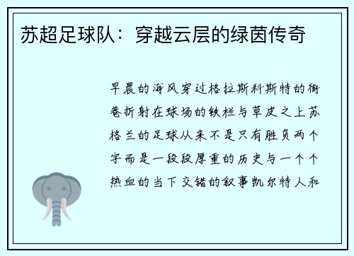 苏超足球队：穿越云层的绿茵传奇
