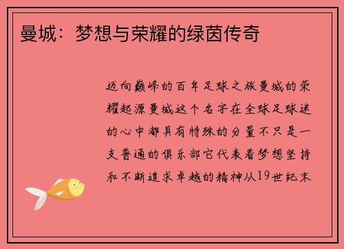 曼城：梦想与荣耀的绿茵传奇